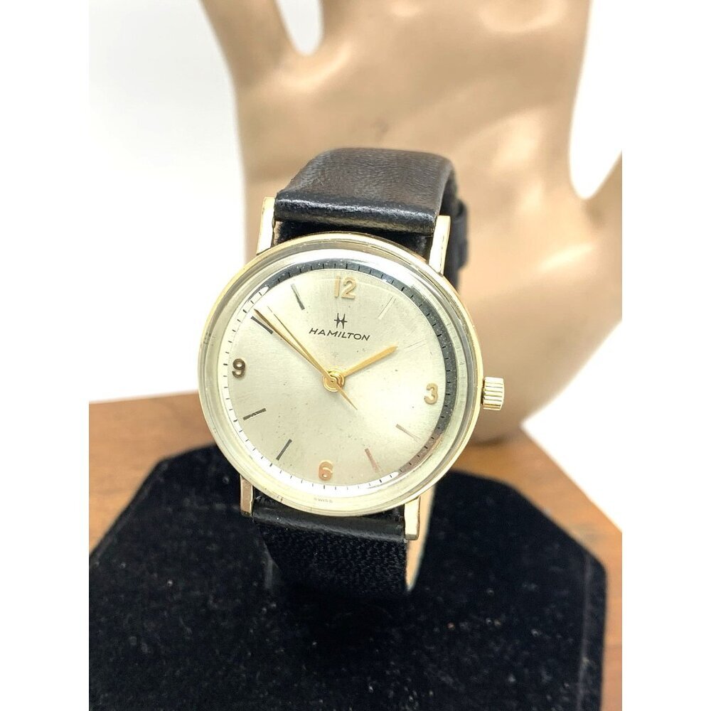Hamilton Men's Watch Vintage Swiss Hand Wind 10k R.G.P Case Black Leather 32mm